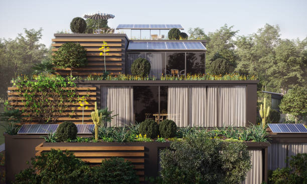 نمایی نزدیک از ساختمان پایدار در جنگل، نمادی از معماری پایدار و هوشمند در لواسان و نقش طراحی سایت با پورتفولیو تعاملی در جذب پروژه ویلاسازی لوکس