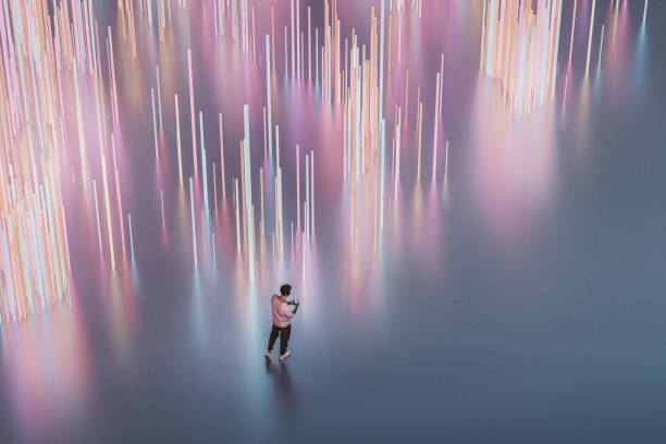 مرد جوان در حال استفاده از گوشی هوشمند در محیط واقعیت مجازی، مثالی از تجربه کاربری وبسایت پیشرفته و برندینگ دیجیتال پوشاک در سال 2025