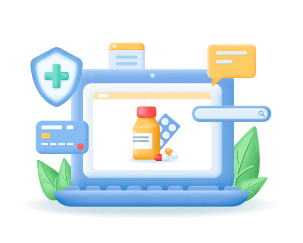لپ تاپ سهبعدی با قرصها روی صفحه نمایش، مفهوم داروخانه آنلاین - پشتیبانی وبسایت سلامت و سئو تخصصی برای داروخانههای تخصصی در کرج: دسترسی آسان و اعتماد دیجیتال، پشتیبانی وبسایت داروخانه، سئو داروخانه تخصصی