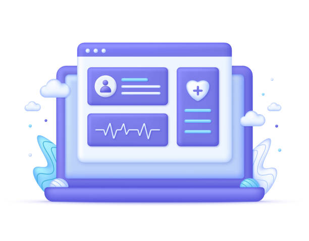 مشاوره پزشکی آنلاین سه بعدی روی صفحه کامپیوتر، نمادی از خدمات درمانی از راه دور - پرتال نوبتدهی آنلاین، طراحی وبسایت