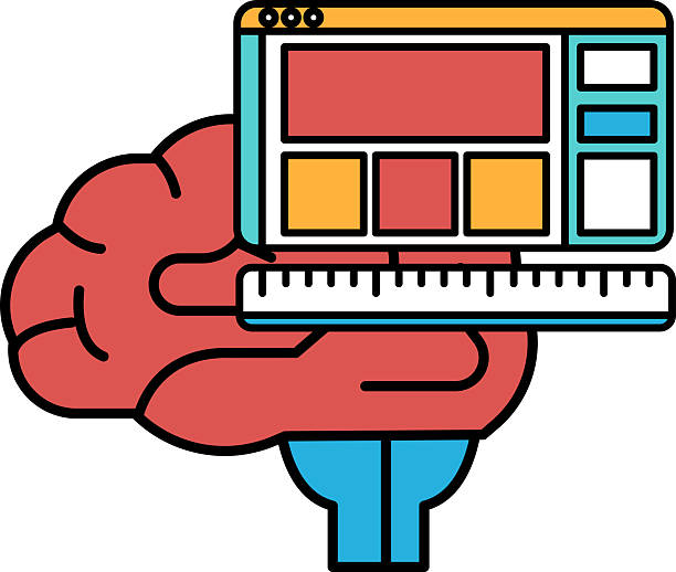 مغز در حال نگه داشتن خط کش و مانیتور کامپیوتر، نمادی از تحلیل دادهها و سئو برای روانشناس کودک