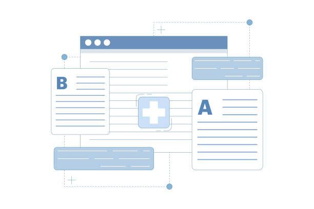 مفهوم تست A/B با دو نسخه از یک اپلیکیشن، نشاندهنده بهینهسازی تجربه کاربری بیماران و سئو تخصصی پزشکی.