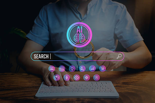 رابط کاربری جستجوی هوشمند AI بالای صفحه کلید، نمادی از بهینهسازی موتور جستجو پزشکی و سئو تخصصی