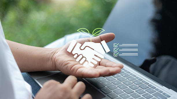 پشتیبانی سایت کلینیک و امنیت وردپرس پزشکی برای آزمایشگاههای پاتوبیولوژی در یزد: تضمین پایداری آنلاین ۲۰۲۶ - نمایی نزدیک از دستی که یک دست دادن هولوگرامی با برگ سبز را در دست گرفته است، نماد کسب و کار پایدار و همکاری.