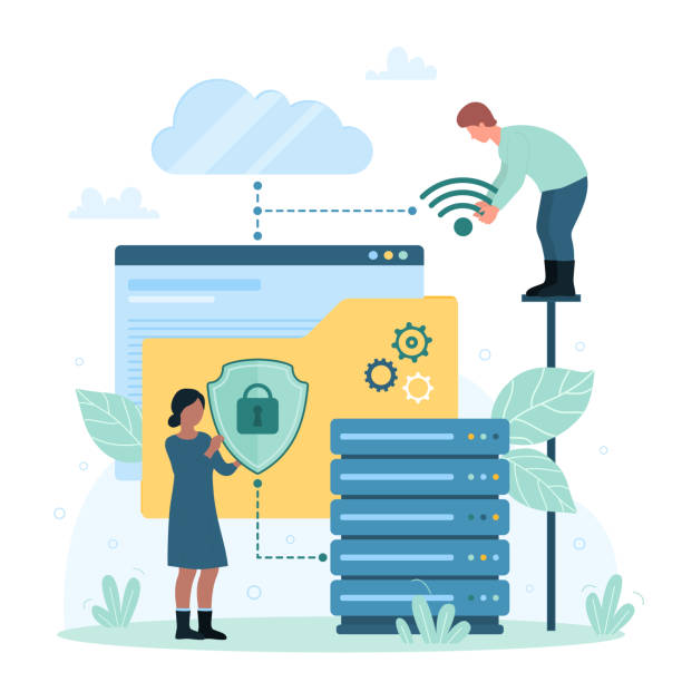 تصویر افراد کوچک در حال محافظت از دادهها در سرور کامپیوتری - امنیت سایت پزشکی، پایداری داده وبسایت، پشتیبانی وبسایت درمانی