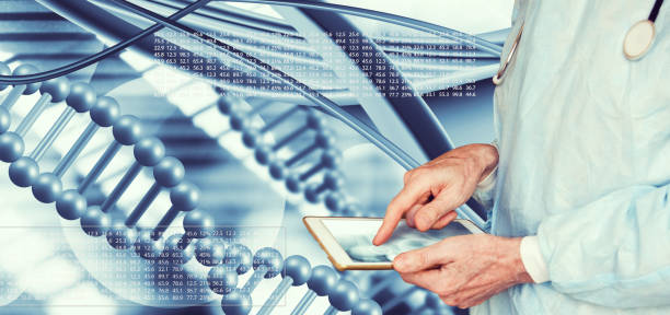 دکتری در مقابل تصویر انتزاعی از DNA - نرمافزارهای مدیریت مطب و CRM پزشکی برای مراکز ژنتیک پزشکی در تهران: تحول وبسایت سلامت و کارایی 2026، CRM مراکز ژنتیک