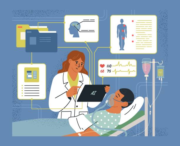 پزشک در حال درمان بیمار با استفاده از هوش مصنوعی در محیطی مدرن، نماد پیشرفت در کلینیک قلب و عروق رشت