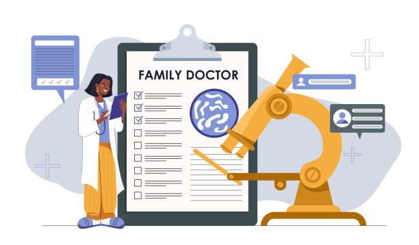 سئو سایت پزشکان خانواده در کرج: پزشک خانواده با پرونده بیماران و میکروسکوپ، جذب بیمار آنلاین
