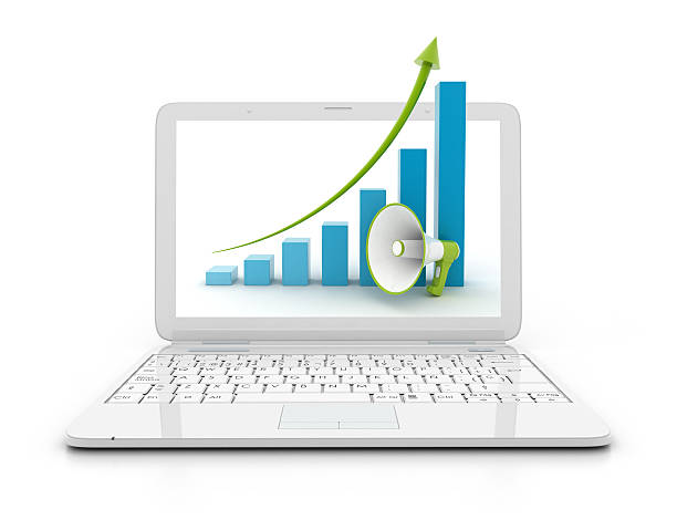 آموزش سئو برای پزشکان و برندینگ دیجیتال پزشکی برای روانشناس بالینی در اراک: لپتاپ با نمودار و مگافون نماد بازاریابی آنلاین پزشکی و افزایش visibility آنلاین