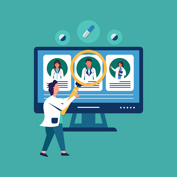 کاراکترهای مرد در حال انتخاب دکتر آنلاین از طریق کامپیوتر - حضور آنلاین متخصصین سلامت، مشاوره مارکتینگ روانشناس، دیجیتال مارکتینگ سلامت 2026