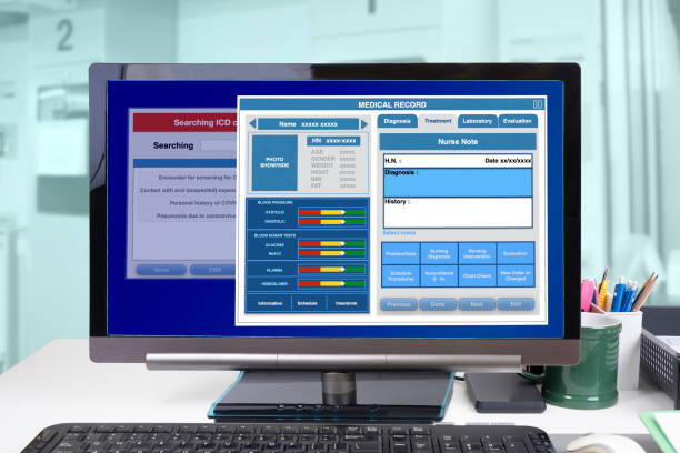 پشتیبانی سایت کلینیک و یکپارچهسازی CRM مراکز درمانی: صفحه نمایش کامپیوتر با پرونده پزشکی - نرم افزارهای مدیریت بیمارستان، اتوماسیون کلینیک