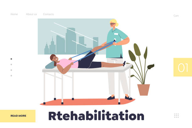 مفهوم توانبخشی در وبسایت فیزیوتراپی: بیمار در حال فیزیوتراپی با کمک فیزیوتراپیست، نگهداری وبسایت فیزیوتراپی، بهینهسازی وبسایت سلامت
