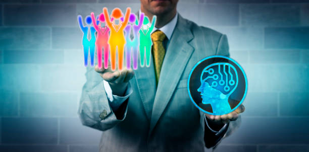 تیمی از متخصصین دیجیتال مارکتینگ در حال کار با برنامههای هوش مصنوعی، نشان دهنده همکاری در سئو پزشکی و بازاریابی دیجیتال روانشناسان