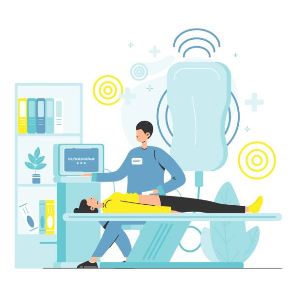 طراحی UX بیمارمحور برای مراکز رادیوتراپی در تهران، پزشک در حال سونوگرافی شکم بیمار، سئو تخصصی و برندینگ دیجیتال اعتمادساز