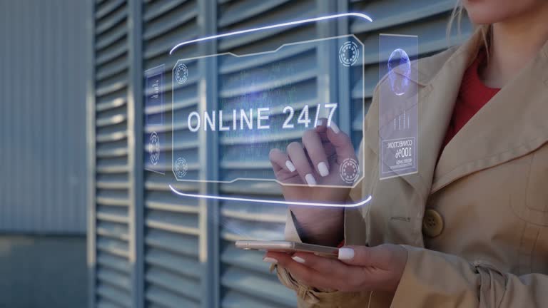 طراحی سایت پزشکی نوین برای مشاور خانواده و ازدواج در کاشان: یک زن تاجر با صفحه نمایش HUD و تعامل آنلاین ۲۴/۷. طراحی سایت روانشناسی، سئو سایت مشاور ازدواج در کاشان.