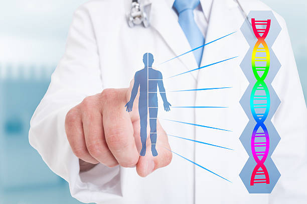برندینگ دیجیتال آزمایشگاه ژنتیک در شیراز - پزشک جوان با نقشه بدن و نماد DNA