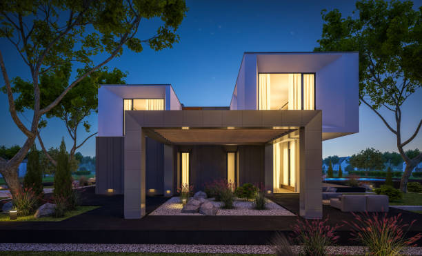 ویلا پیش ساخته مدرن بناگر در شب با نورپردازی زیبا - خانه پیش ساخته