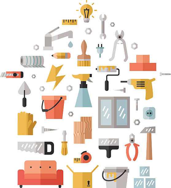 خرید عمده مصالح ساختمانی: پس‌زمینه رنگارنگ وکتور تخت تعمیرات و ساخت خانه با لوگوی فروش یاب