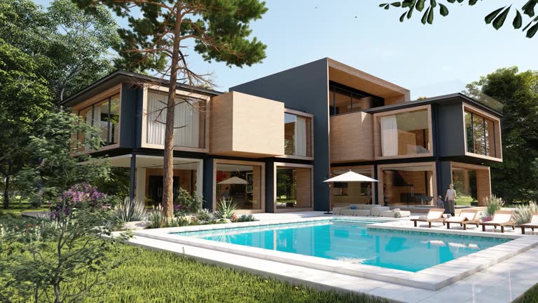 خانه‌های پیش ساخته: ویلای پیش ساخته چوبی مدرن بزرگ با استخر و باغ، نمونه‌ای از سازه‌های پیش ساخته بناگر