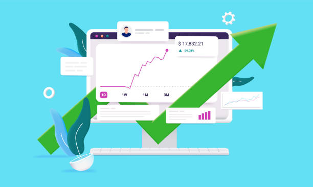 نمودار صعودی بازار سهام و موفقیت تجاری: فروش مستقیم کالا، افزایش سود آنلاین، فروش یاب