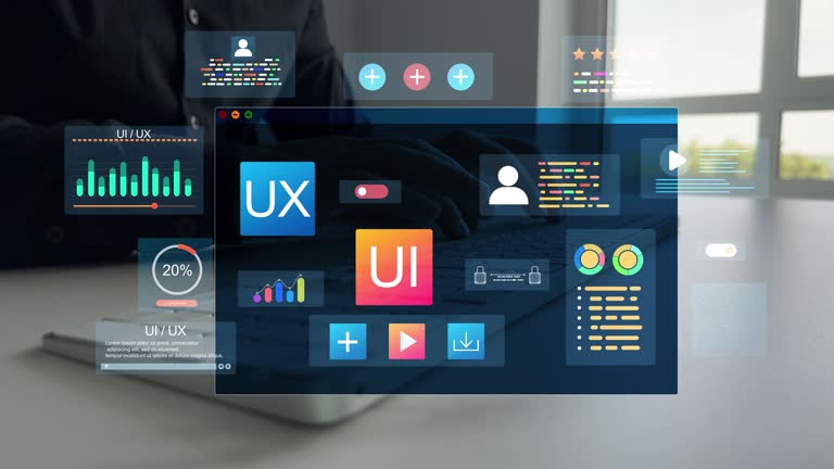 مفهوم طراحی UI/UX برای وب و توسعه وب، نمادهایی از طراحان تجربه کاربری و رابط کاربری در پینوسایت