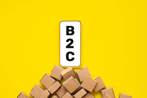 فروش یاب، نیازمندی‌های B2C، آگهی خرده فروشی - تصویر مفاهیم تجارت الکترونیک B2C با گوشی هوشمند و جعبه محصول