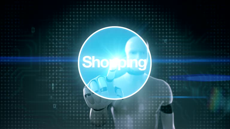 فروش‌یاب، پلتفرم B2B: ربات سایبورگ در حال لمس صفحه نمایش با نماد خرید آنلاین و نقشه جهان - جستجوی آسان، خرید هوشمند: تجربه حرفه‌ای در فروش‌یاب برای عمده‌فروشان و خرده‌فروشان